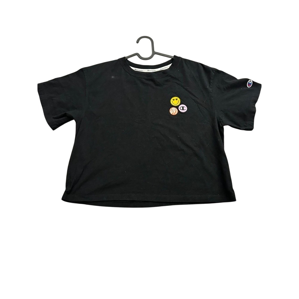 Champion Cropped T-Shirt Womens Medium Black Smiley Love Patch W5950G Excellent